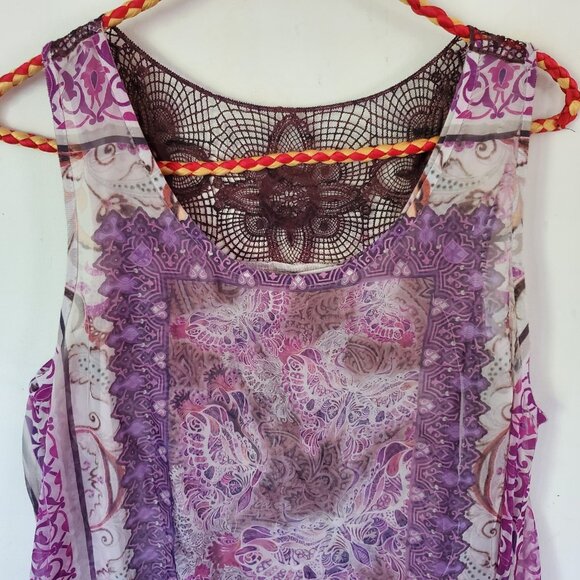 One World Boho Top Womens Sz M Asymmetric Hem Crochet Lace Flowy Fairy Festival - Picture 4 of 13